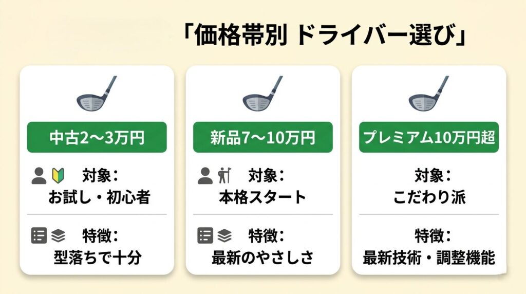 中古・標準新品・プレミアム3価格帯のドライバー選びマトリクス