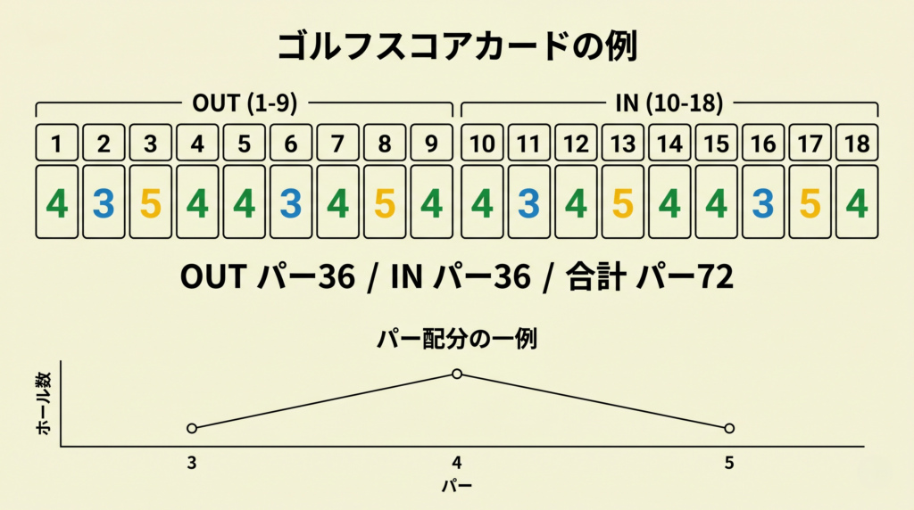 18ホールのパー構成(Par3/4/5)と前半・後半の合計パー72を示す概念図