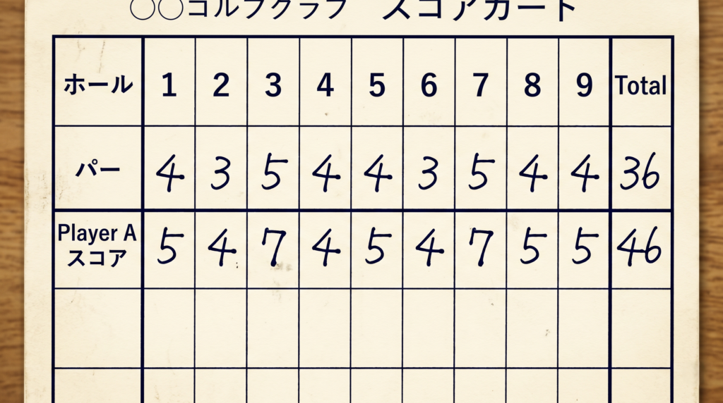 ゴルフスコアカードのアウト9ホール記入例(パーと実打数を併記)