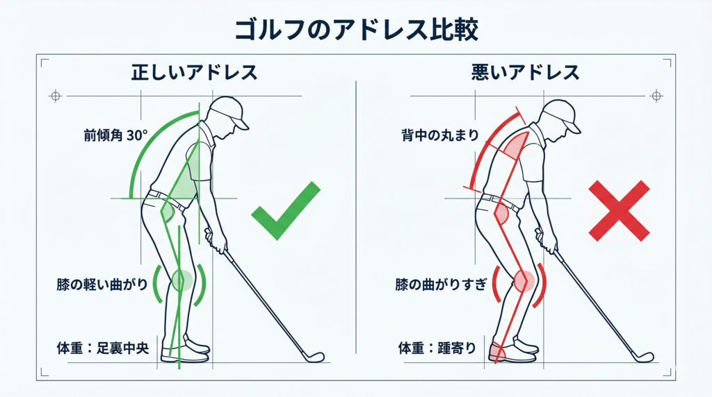 正しいアドレス姿勢と悪いアドレス姿勢を側面から比較した図解