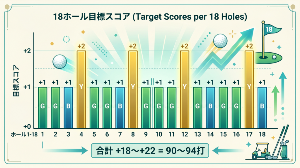 100切り達成のためのホール別目標スコア(全体でボギー前後を続ける)を示すグラフ