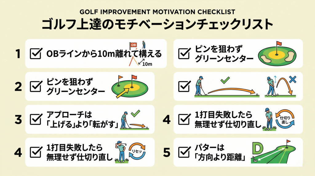 100切り達成のためのコース戦略5原則(OB回避・グリーン中央狙い・転がしアプローチ等)のチェックリスト
