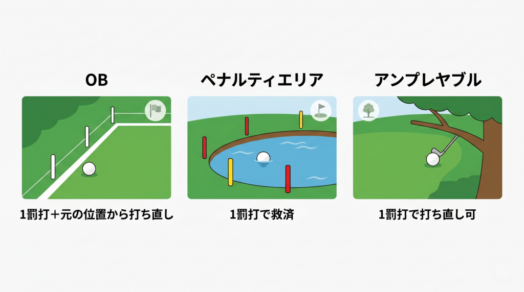 OB・ペナルティエリア・アンプレヤブルの3つの状況と処理ルールを比較した図解