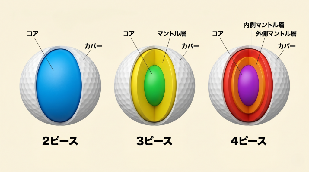 2ピース・3ピース・4ピース構造のゴルフボール内部断面比較