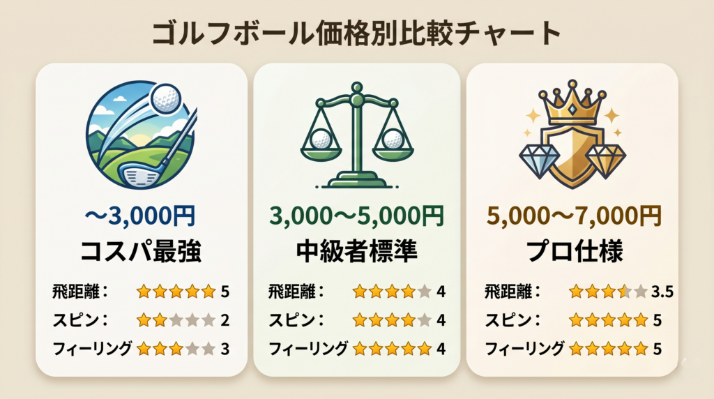 価格帯別ゴルフボールの特徴と性能比較表