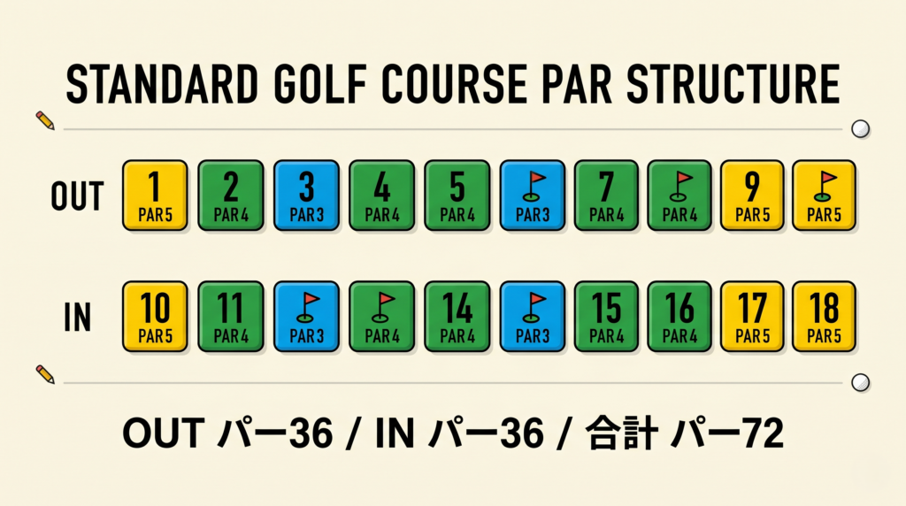 18ホールのPar3/4/5の配置とパー72の合計を示す概念図