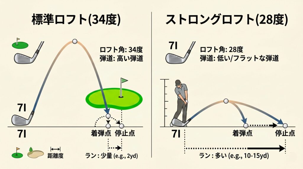 標準ロフトとストロングロフトのアイアン弾道高さと転がりの比較図