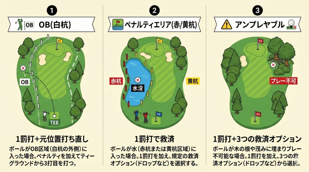 OB・ペナルティエリア・アンプレヤブルの3つのトラブル状況と処理方法の比較図