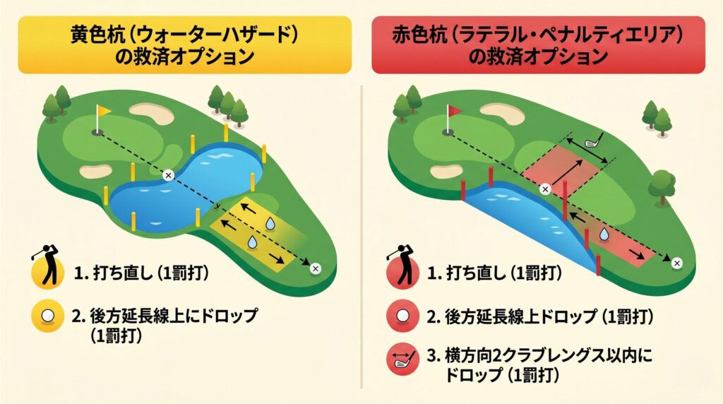 黄杭ペナルティエリアと赤杭ペナルティエリアの救済オプション比較図