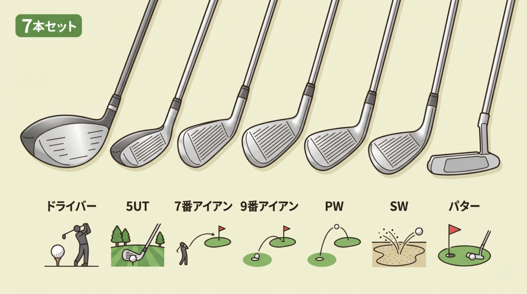 初心者向け推奨ゴルフクラブ7本セットの構成(ドライバー・FW・アイアン2本・PW・SW・パター)