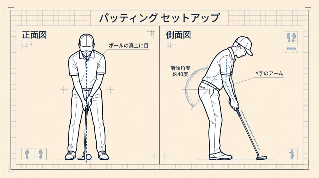 パッティングアドレスの正面ビューと側面ビューを示す解説図