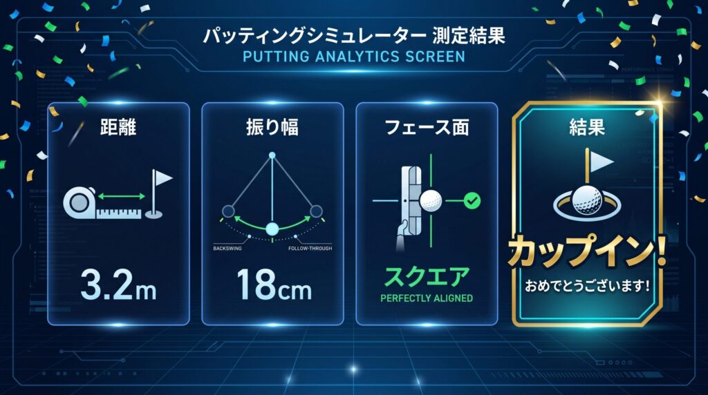 ゴルフシミュレーターのパッティング画面と数値フィードバック表示