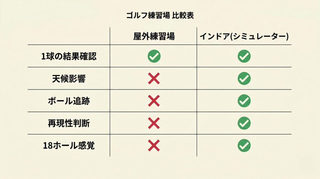 屋外練習場とインドアシミュレーターの違いを5項目で比較した表