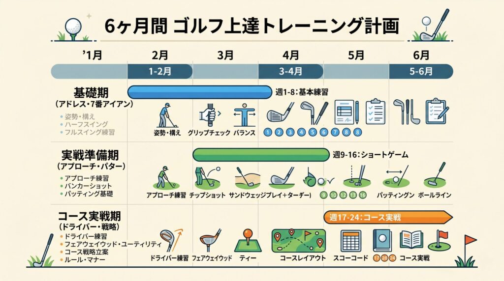 6ヶ月の段階別インドア練習スケジュールを示すタイムライン