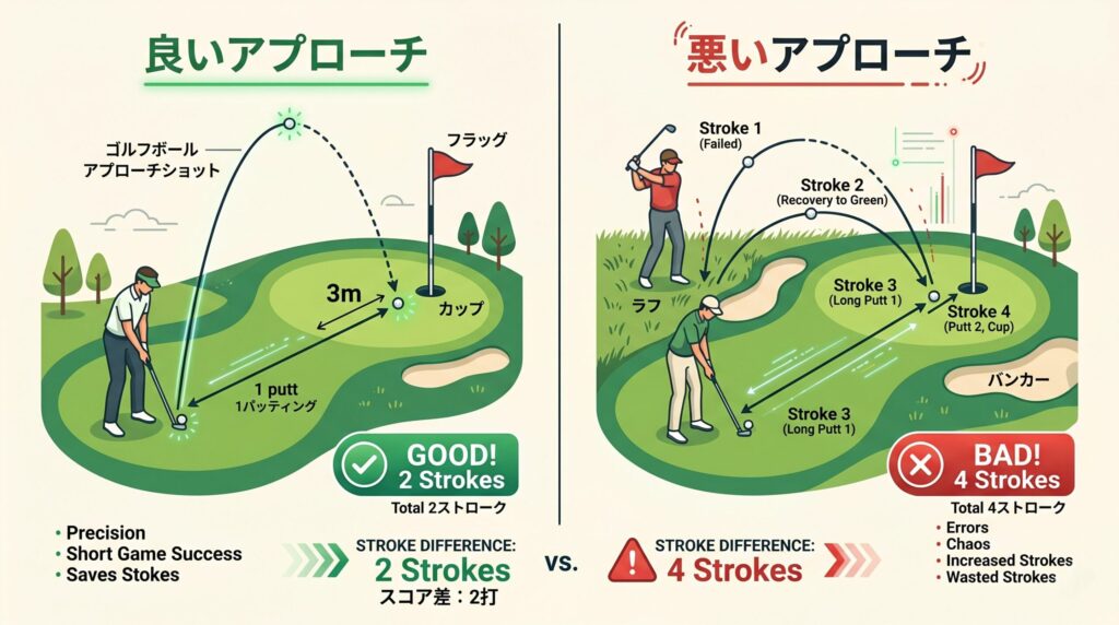 良いアプローチと悪いアプローチがホールスコアに与える影響を比較した図