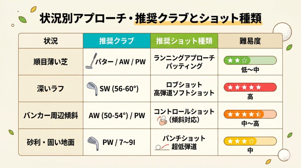 ボールが置かれたライ(状態)別の推奨ウェッジクラブと打ち方の早見表
