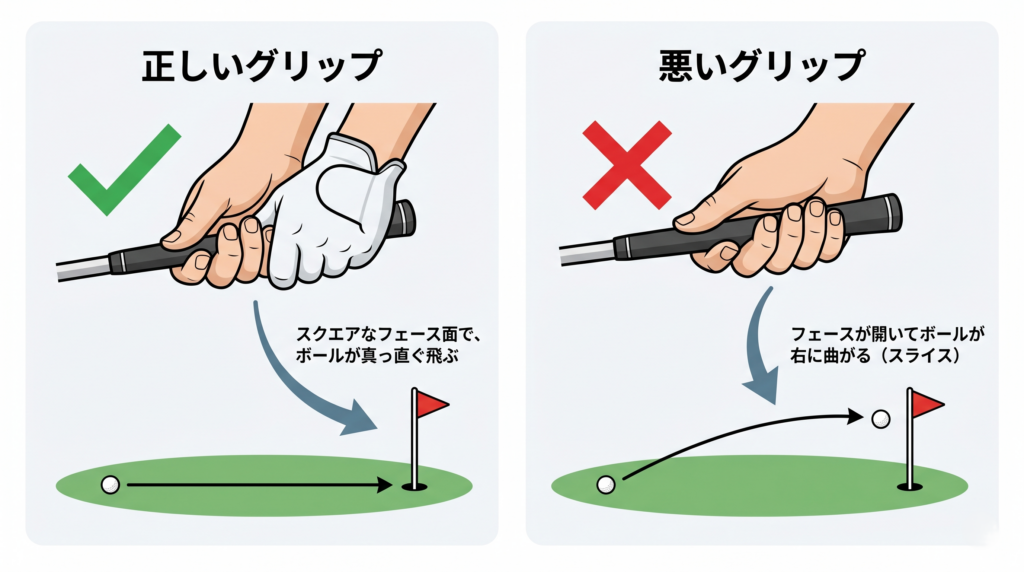 正しいグリップと悪いグリップがボールの弾道に与える影響を比較した図解