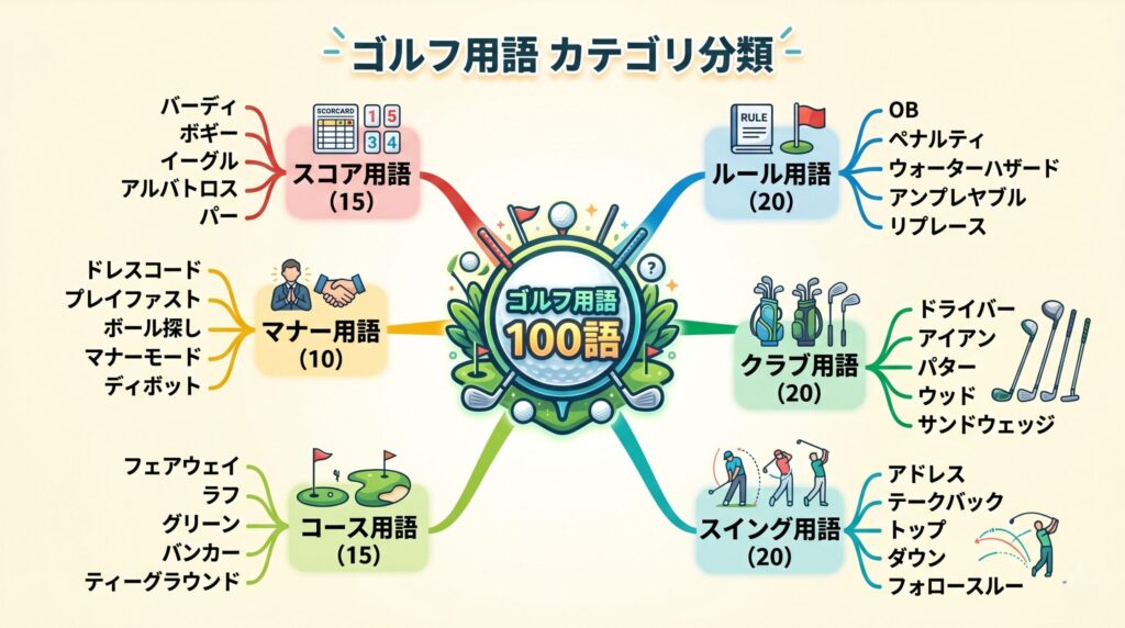 ゴルフ用語100語を6カテゴリに分類したマインドマップ