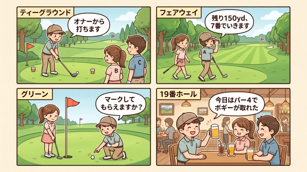 ゴルフのシーン別に使われる代表的な用語の使用例イラスト