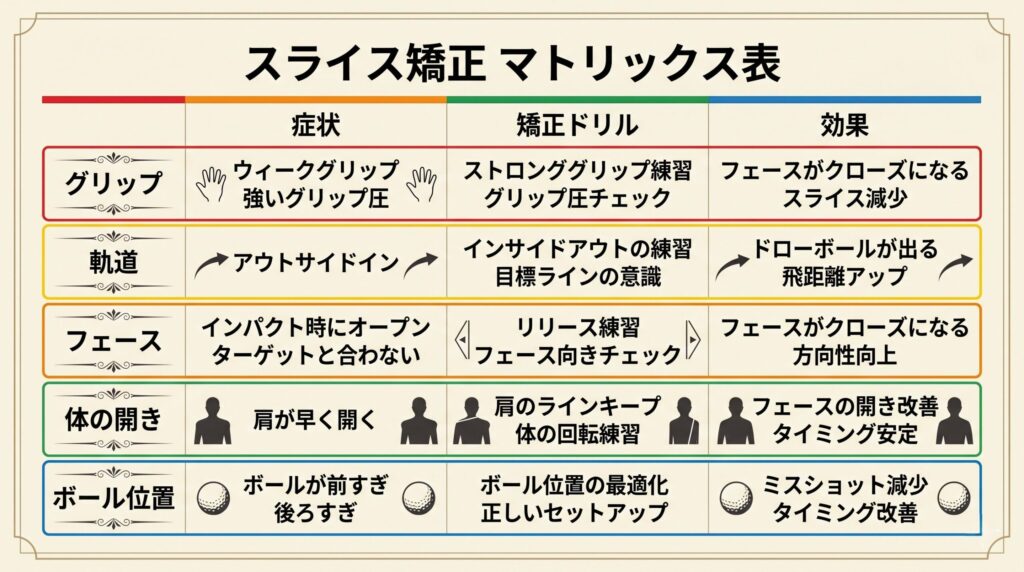 スライスの5つの原因とそれぞれの矯正ドリルの対応表