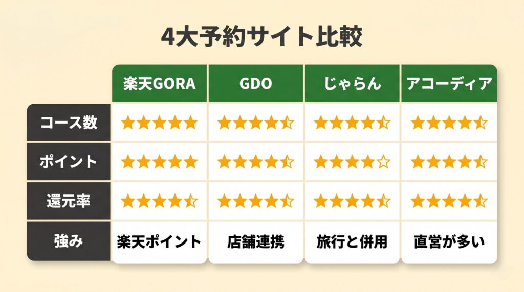 楽天GORA・GDO・じゃらんゴルフ・アコーディアの4大ゴルフ場予約サイト比較表