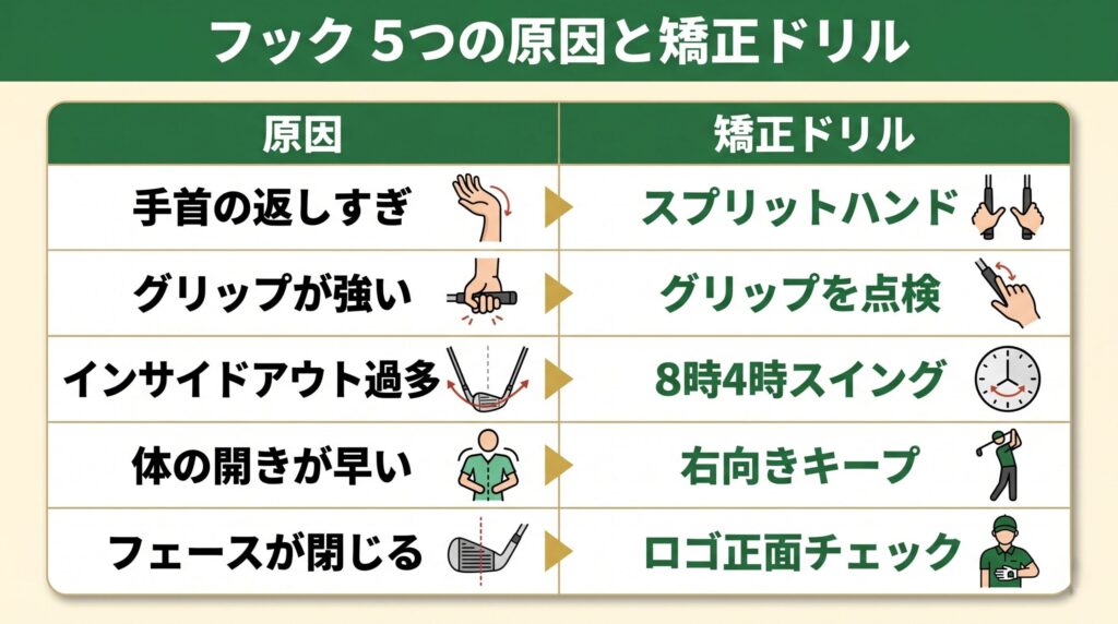 フックの5つの原因と矯正ドリルの対応表
