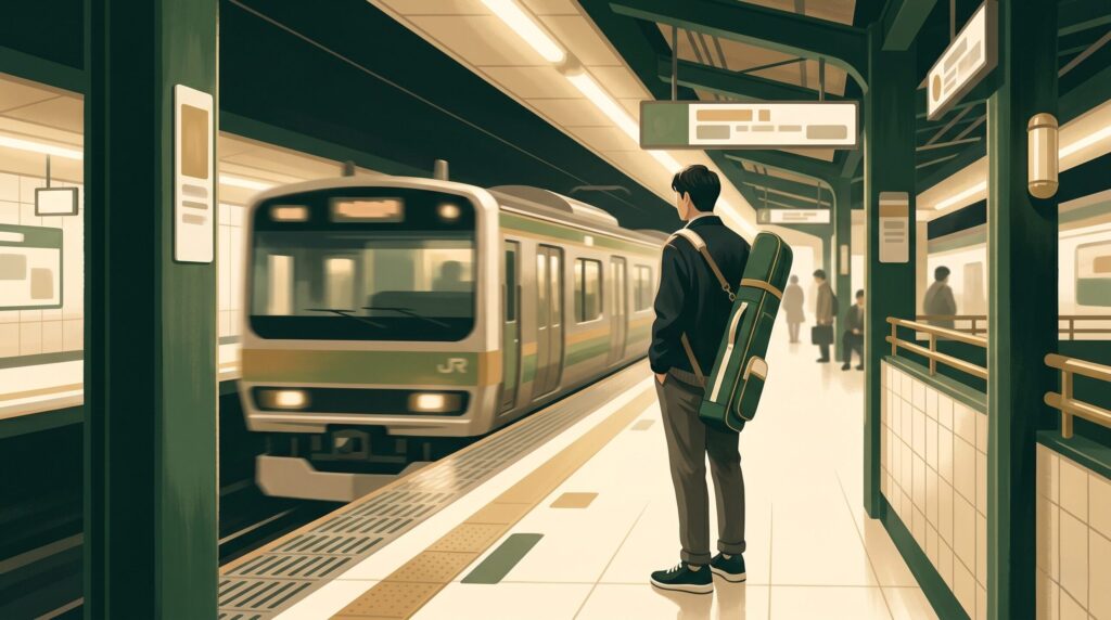夕方の駅ホームでゴルフバッグを持って電車を待つ人のイラスト