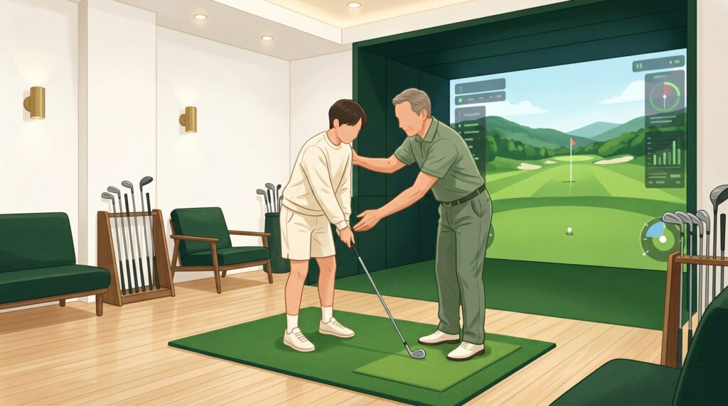 池袋のインドアゴルフスクールでコーチのレッスンを受ける初心者ゴルファー