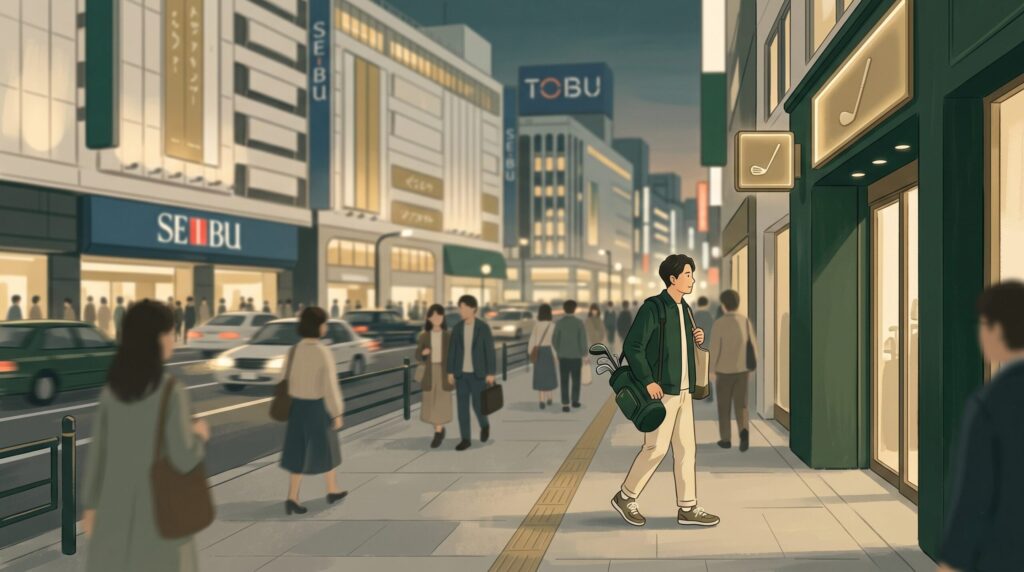 池袋駅前の百貨店が並ぶ通りをゴルフバッグを持って歩く人