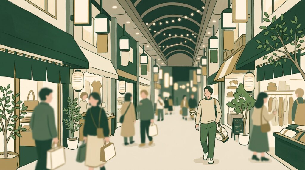 中野のアーケード商店街をゴルフバッグを持って歩く人