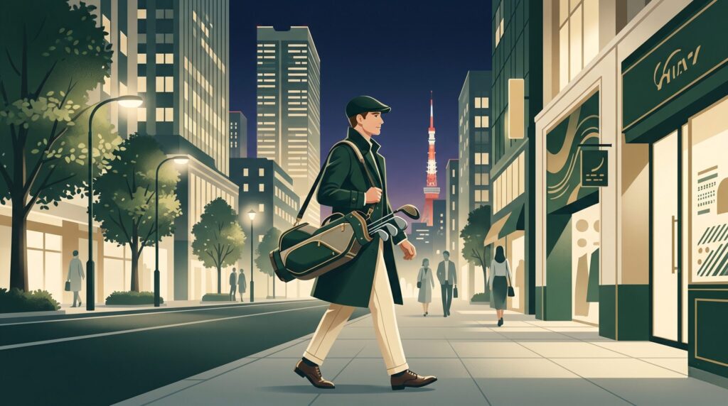 東京タワーが見える六本木の夜の街並みをゴルフバッグを持って歩く人