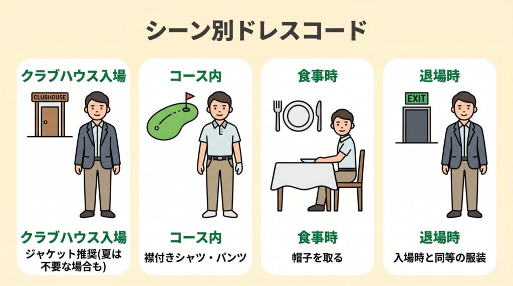 ゴルフ場の入場・コース内・食事・退場の各シーン別ドレスコード一覧