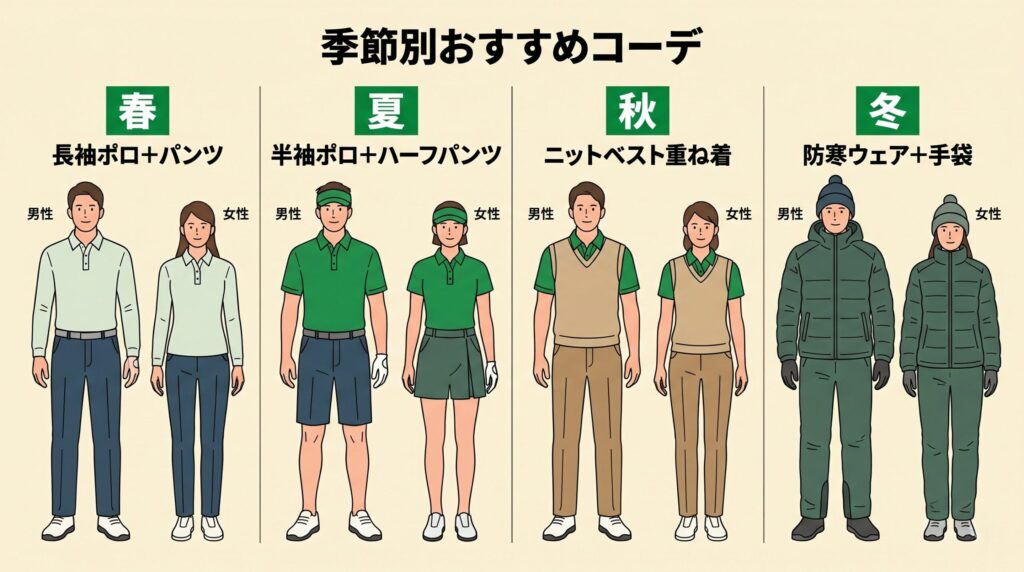 男女別・春夏秋冬の季節別ゴルフドレスコード推奨コーディネート例