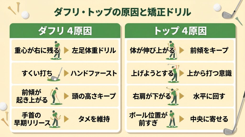 ダフリとトップそれぞれの原因と対応する矯正ドリルのマトリクス