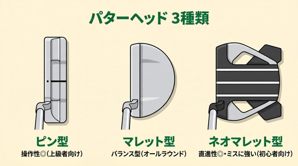 ピン型・マレット型・ネオマレット型の3種類のパターヘッド形状比較