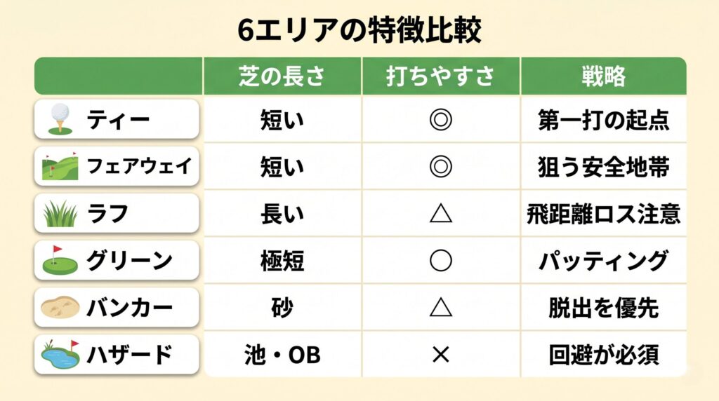 ゴルフコース6エリアの芝の長さ・打ちやすさ・戦略の比較表