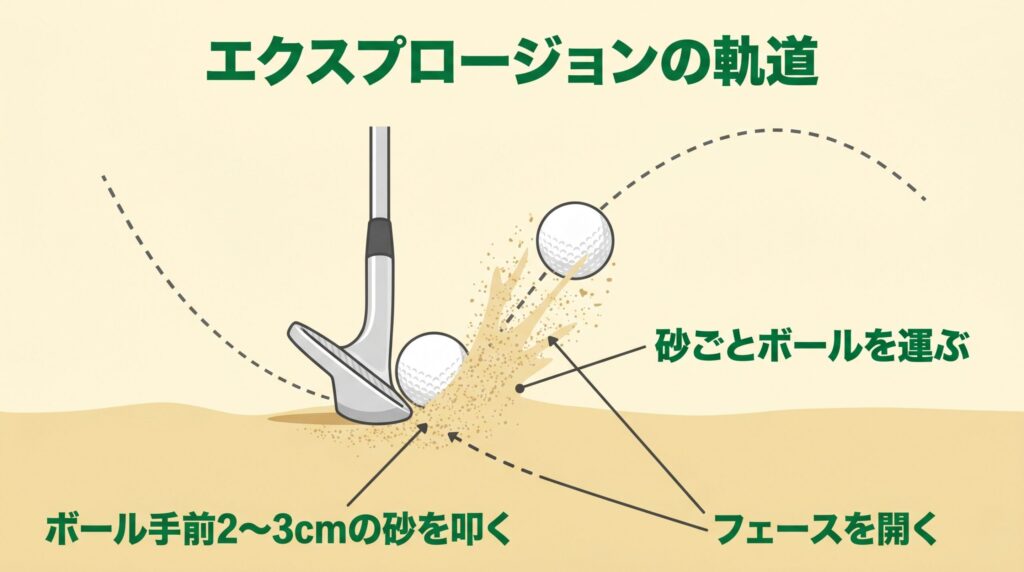 バンカーから砂を叩いてボールを浮かせるエクスプロージョン打法の軌道図