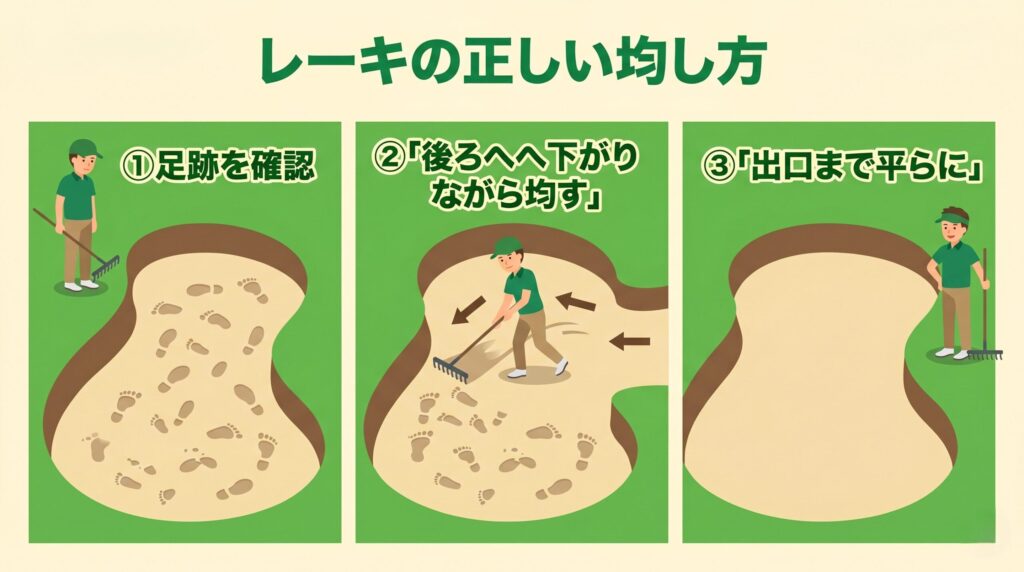 バンカー脱出後にレーキで砂を後ろ向きに均す正しい手順