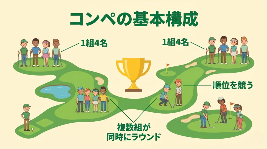 ゴルフコンペの複数組同時ラウンド構成イメージ