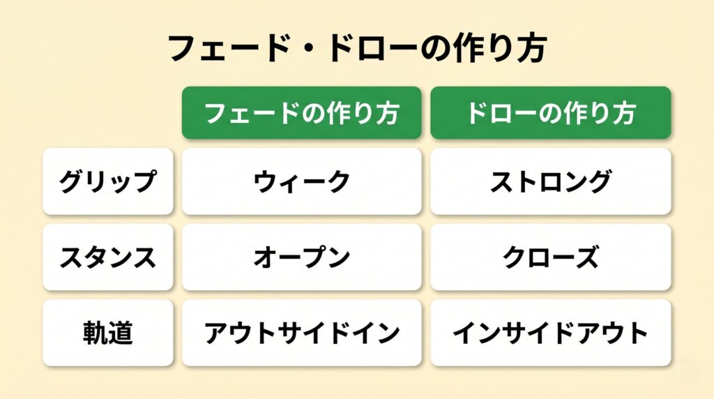 フェードとドローを打ち分けるためのグリップ・スタンス・軌道3要素の調整表