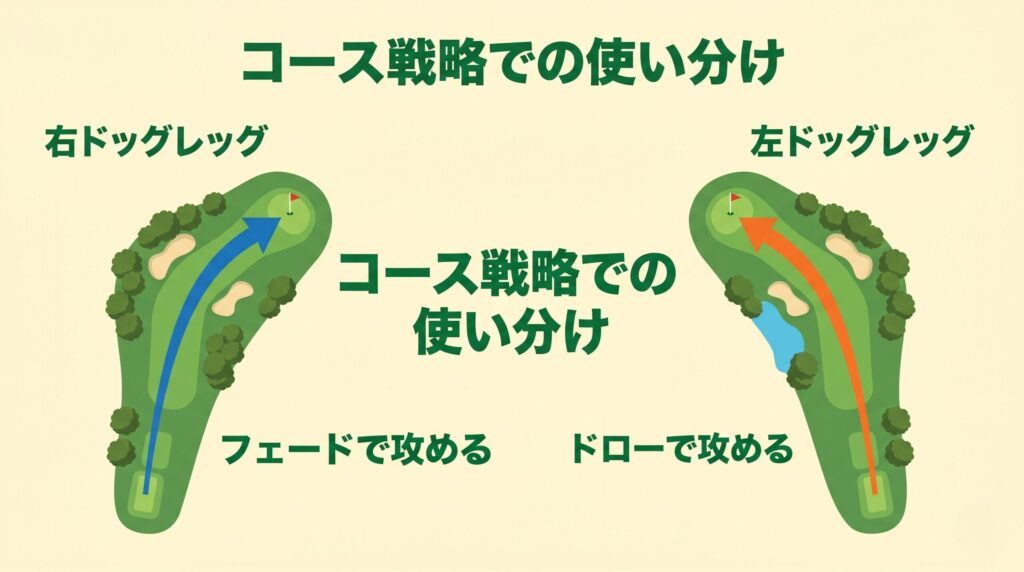 右ドッグレッグでのフェード使用・左ドッグレッグでのドローの戦略図