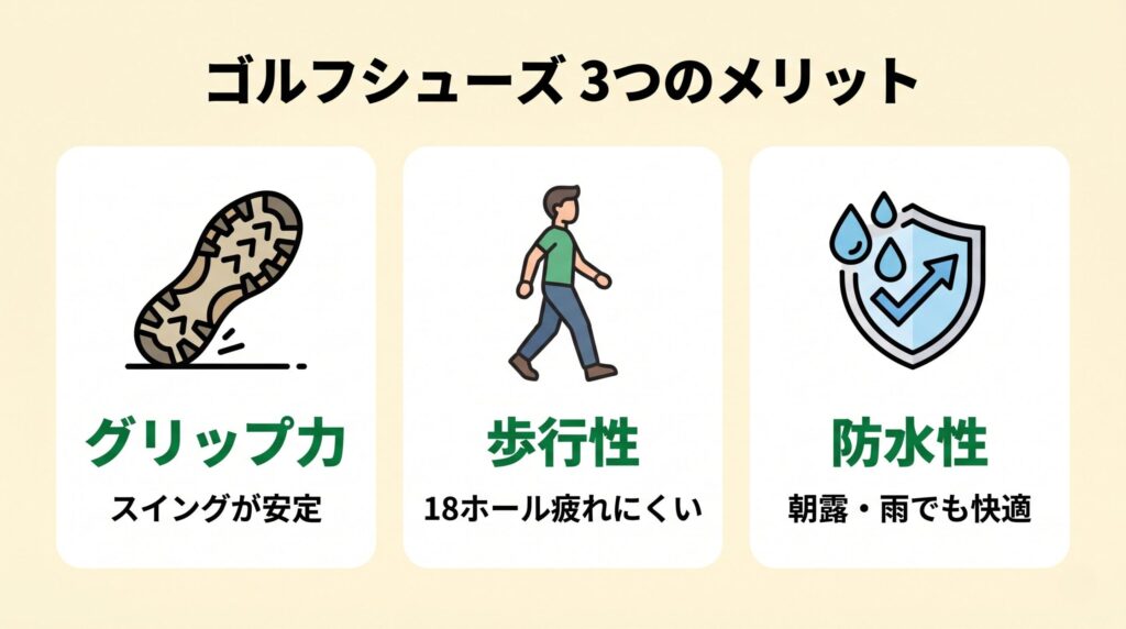 ゴルフシューズが提供する3つのメリット(グリップ・歩行性・防水)