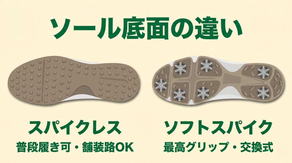スパイクレスとソフトスパイクの2種類のゴルフシューズソール底面比較