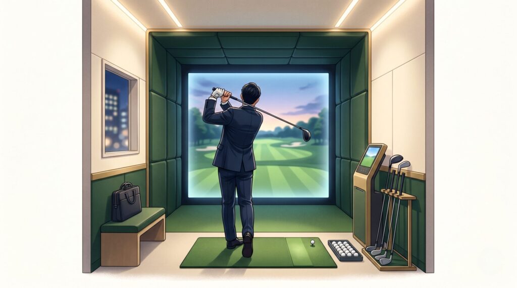 新橋の無人セルフ式インドアゴルフブースで仕事帰りに練習するビジネスマン