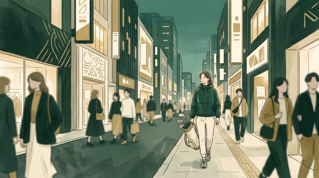 渋谷駅周辺のおしゃれな街並みをゴルフバッグを持って歩く人