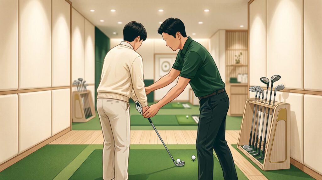 インドアゴルフスタジオでコーチがマンツーマンレッスンで初心者のフォームを指導する様子