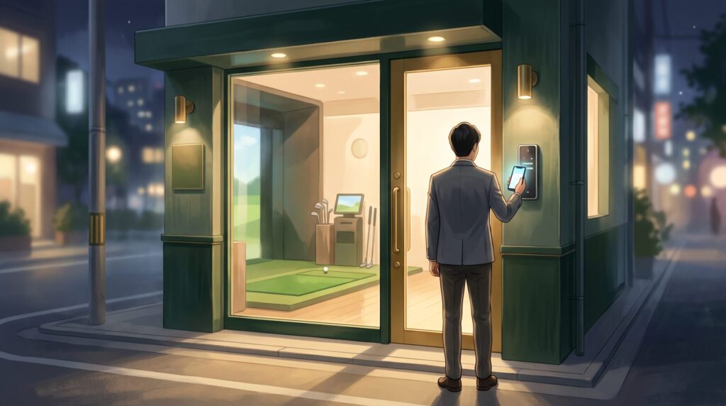 夜の無人インドアゴルフ施設にスマートフォン認証で入店するゴルファー