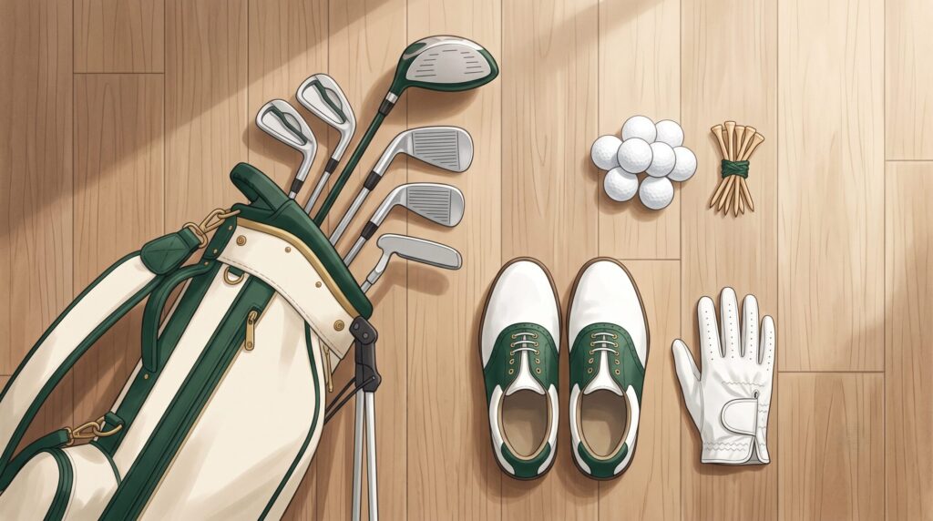 ゴルフを始めるときに揃える道具一式。クラブやグローブやシューズを並べた俯瞰カット