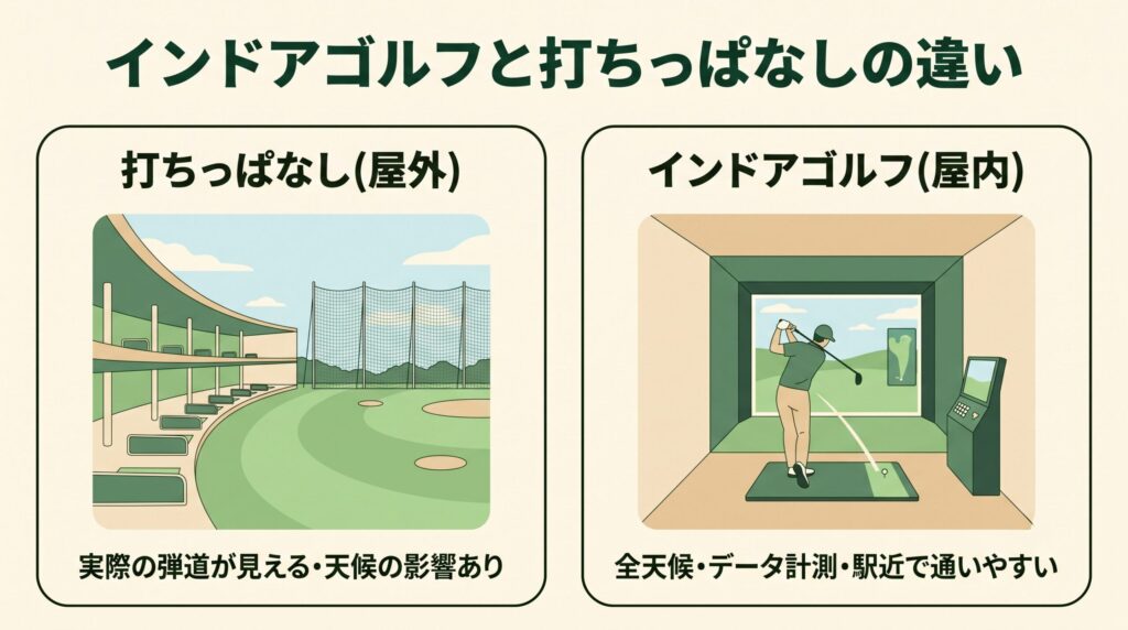 インドアゴルフ・打ちっぱなし・シミュレーションゴルフの違いをまとめた図解
