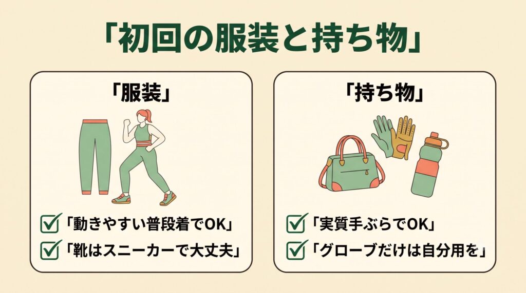 女性のインドアゴルフ初回体験の服装と持ち物チェックリストの図解